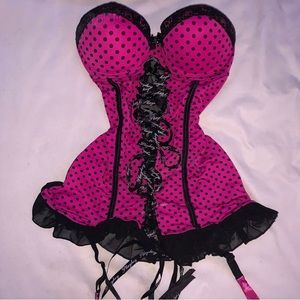 Pink and black lace sexy playboy intimates polka dot top with garter straps